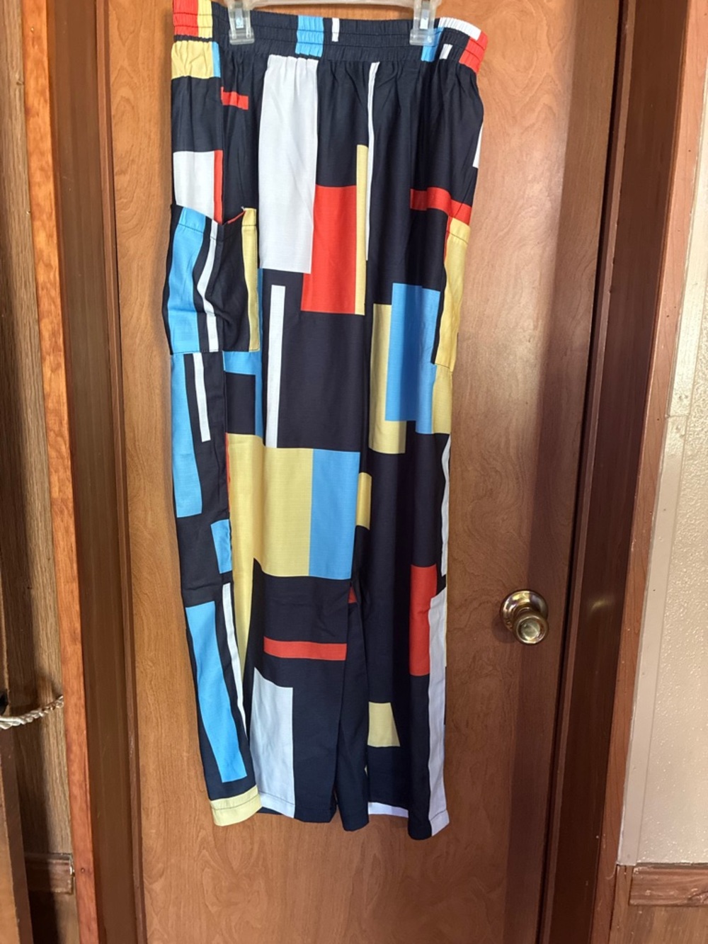 Geometric Colorblock Wide Leg Pants - Black, Blue, Yellow, Red Artsy Large